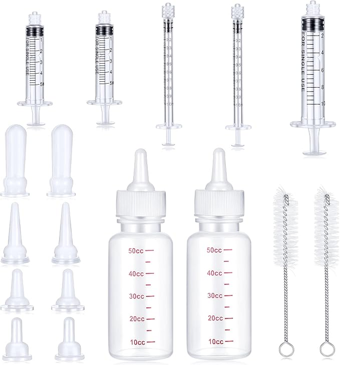 Sadnyy 17 Pcs Kitten Bottle Feeding Kit Puppy Bottles for Nursing Puppy Milk, Liquid Syringes in 1, 5 and 10 ml, Replacement Silicone Nipples, Cleaning Brushes for Newborn Pet Dog Rabbit Goat