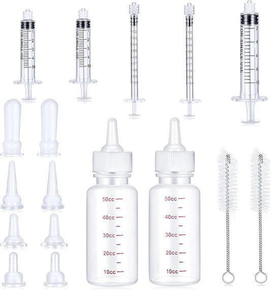 Sadnyy 17 Pcs Kitten Bottle Feeding Kit Puppy Bottles for Nursing Puppy Milk, Liquid Syringes in 1, 5 and 10 ml, Replacement Silicone Nipples, Cleaning Brushes for Newborn Pet Dog Rabbit Goat