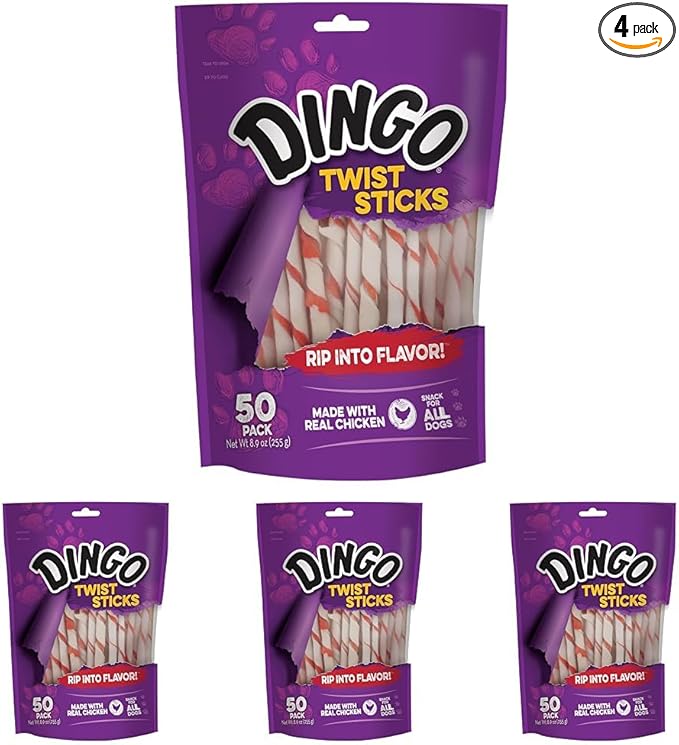 Dingo Twist Sticks Rawhide for Dogs,Made with Real Chicken,50 Count (Pack of 4)