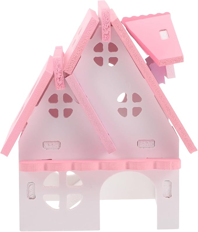 LOGOFUN Guinea Pig Castle Small Animal Wooden Maze Hut Detachable Hideout House with Door Bird Cage Accessories for Hamster Chinchilla Dwarf Rabbit Hedgehog Squirrel - Pink