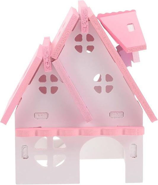 LOGOFUN Guinea Pig Castle Small Animal Wooden Maze Hut Detachable Hideout House with Door Bird Cage Accessories for Hamster Chinchilla Dwarf Rabbit Hedgehog Squirrel - Pink
