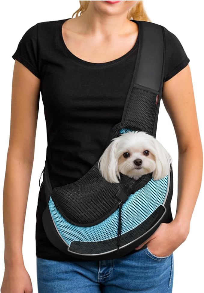 YUDODO Pet Sling Carrier for 2-5 lbs Small Dogs & Cats – Hands-Free Puppy Carrier with Safety Hook, Large Zipper Pocket, Soft Breathable Mesh, Adjustable Strap & Reflective Strip (Cyan 3.0 S)