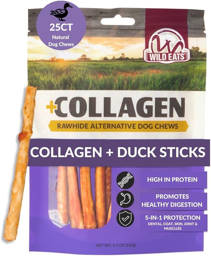 Wild Eats Real Duck Collagen Bully Sticks for Dogs (25 Pack,5 Inch) Long Lasting Dog Chews No Hide Dog Treat Bully Stick Alternative, Rawhide Free, Grain Free, High Protein