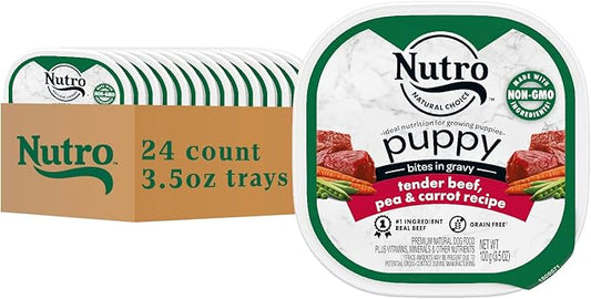 Nutro Puppy Grain Free Dog Food, Natural Wet Dog Food Bites in Gravy Tender Beef, Pea & Carrot Recipe, 3.5 oz. Trays (24 Count, Pack of 1)