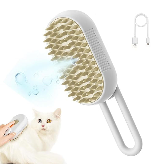 3-in-1 Cat & Dog Grooming Brush, Steam & Massage, USB Rechargeable, White, All Hair Types, Pet Owners (Cats & Dogs), Unisex