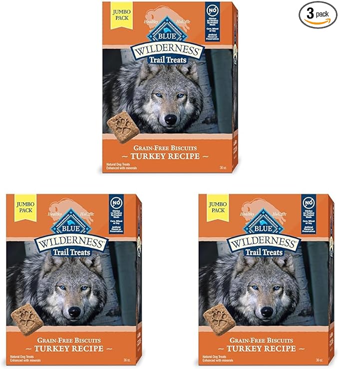 Blue Buffalo Wilderness Trail Treats Crunchy Dog Biscuits Grain-Free and High-Protein Dog Treats, Turkey Recipe 36-oz Box (Pack of 3)