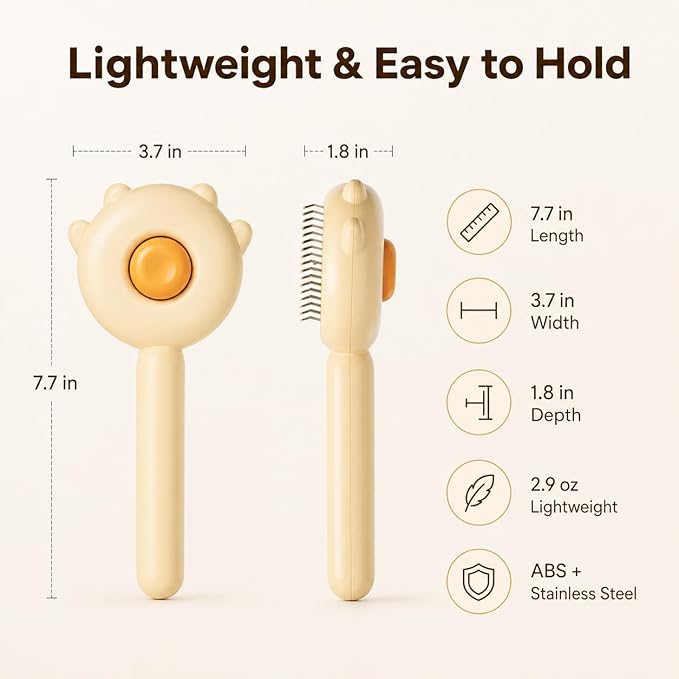 Cat Brush for Shedding, Self-Cleaning Hair Brush with Release Button for Indoor Cats, Soft Silicone Grooming Comb for Long and Short Haired Cats, Cute & Effective Pet Hair Remover Tool, Yellow