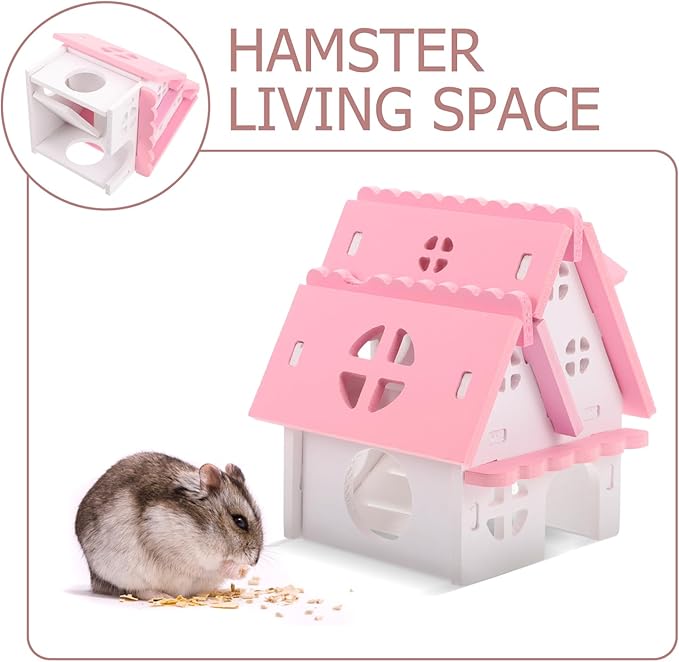 LOGOFUN Guinea Pig Castle Small Animal Wooden Maze Hut Detachable Hideout House with Door Bird Cage Accessories for Hamster Chinchilla Dwarf Rabbit Hedgehog Squirrel - Pink