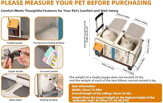 Large Cat Carrier with Wheels for 2 Cat, Double Rolling Pets Carrier on Wheel, Folding Soft-Sided Carriers with Telescopic Handle, Shoulder Strap Removable Soft-Sided Bag for Car, Vet, Outing