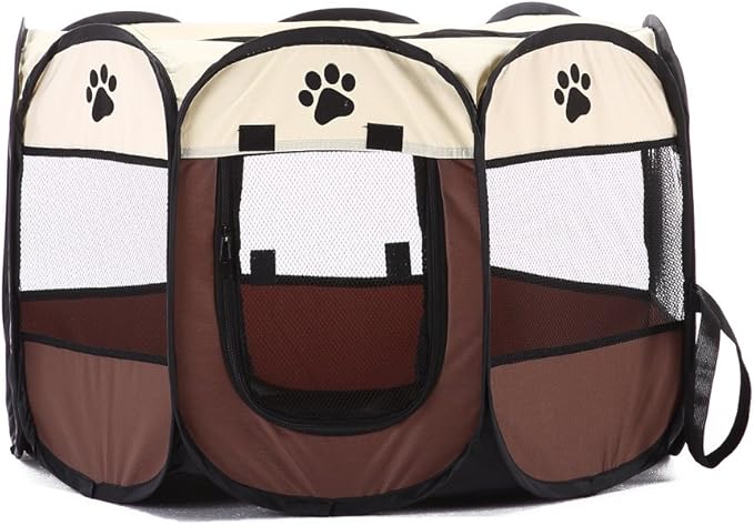 S-Lifeeling Pet Playpen Foldable Puppy Kennel Removable Dog Cat Bunny Mesh Shade Cover Portable Waterproof Bottom Collapsible Indoor Outdoor (Coffee)