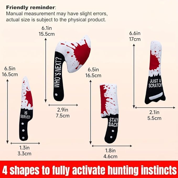 Halloween Plush Knife Toy Set for Cats and Dogs, 4-Pack Soft Plush Pet Toys with Crinkle Sound and PP Cotton Filling, Fun Interactive Pet Toys