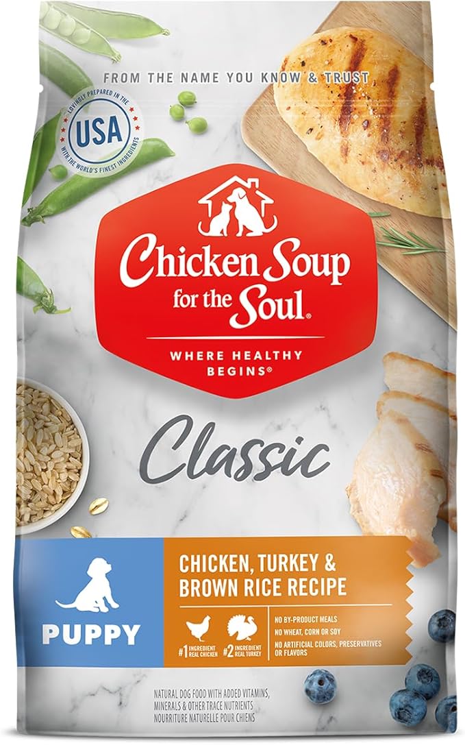 Chicken Soup for The Soul All Natural Premium Dry Puppy Food, Real Meat First Ingredient, No by-Products, Supports Brain Development & Strong Bones & Teeth, Chicken, Turkey & Brown Rice, 28lb