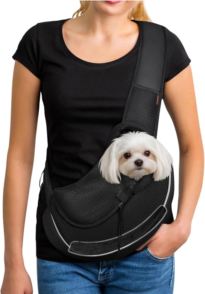 YUDODO Pet Sling Carrier for 2-5 lbs Small Dogs & Cats – Hands-Free Puppy Carrier with Safety Hook, Large Zipper Pocket, Soft Breathable Mesh, Adjustable Strap & Reflective Strip (Black 3.0 S)