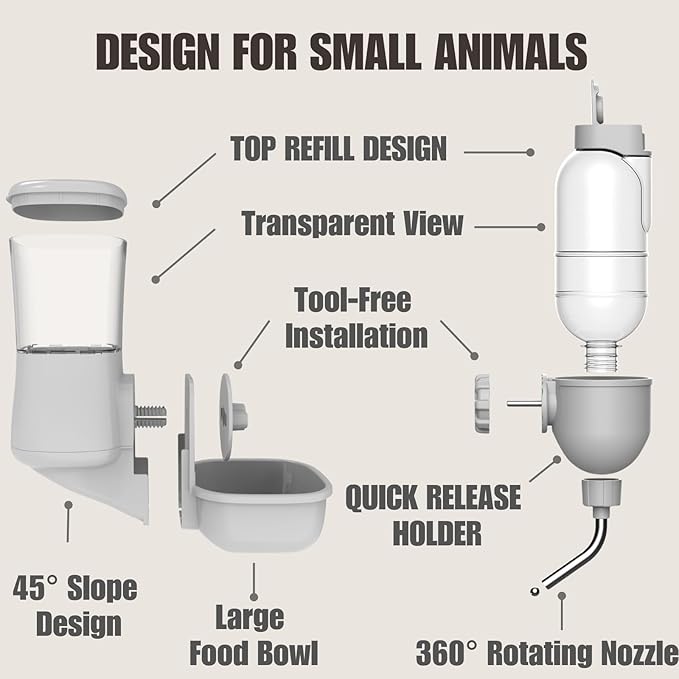 Automatic Pet Food Water Dispenser, Auto Gravity Pet Feeder Water Bottle Set for Crate Cage for Puppy Cat Rabbit Guinea Pigs Chinchilla Ferret Hedgehog (Grey)