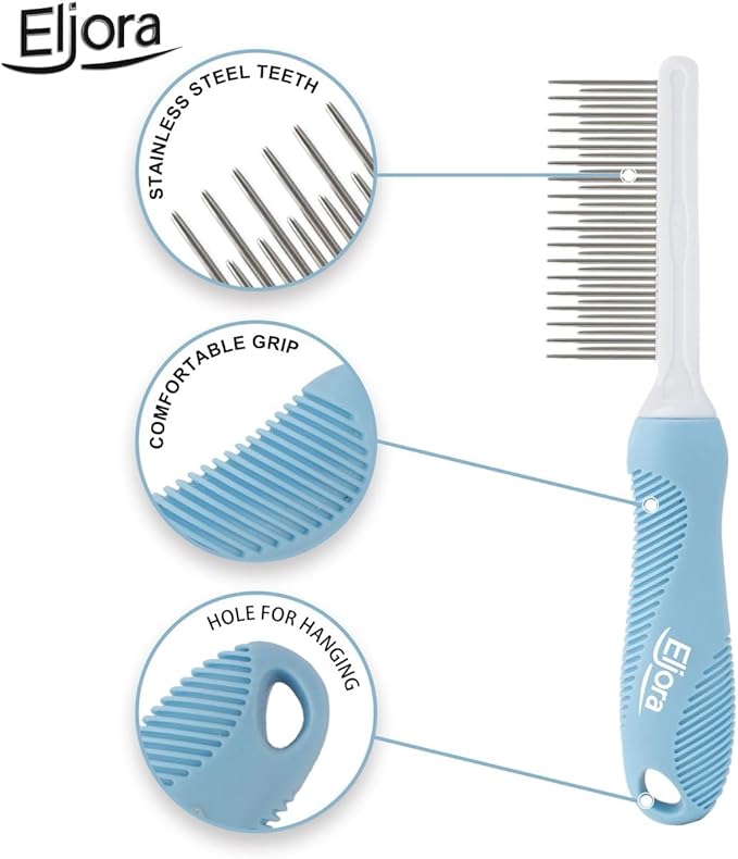 Pet Grooming & Dematting Comb – Stainless Steel Teeth, Non-Slip Grip, Removes Mats & Tangles, Gentle Deshedding Tool for Long & Short Hair Dogs & Cats