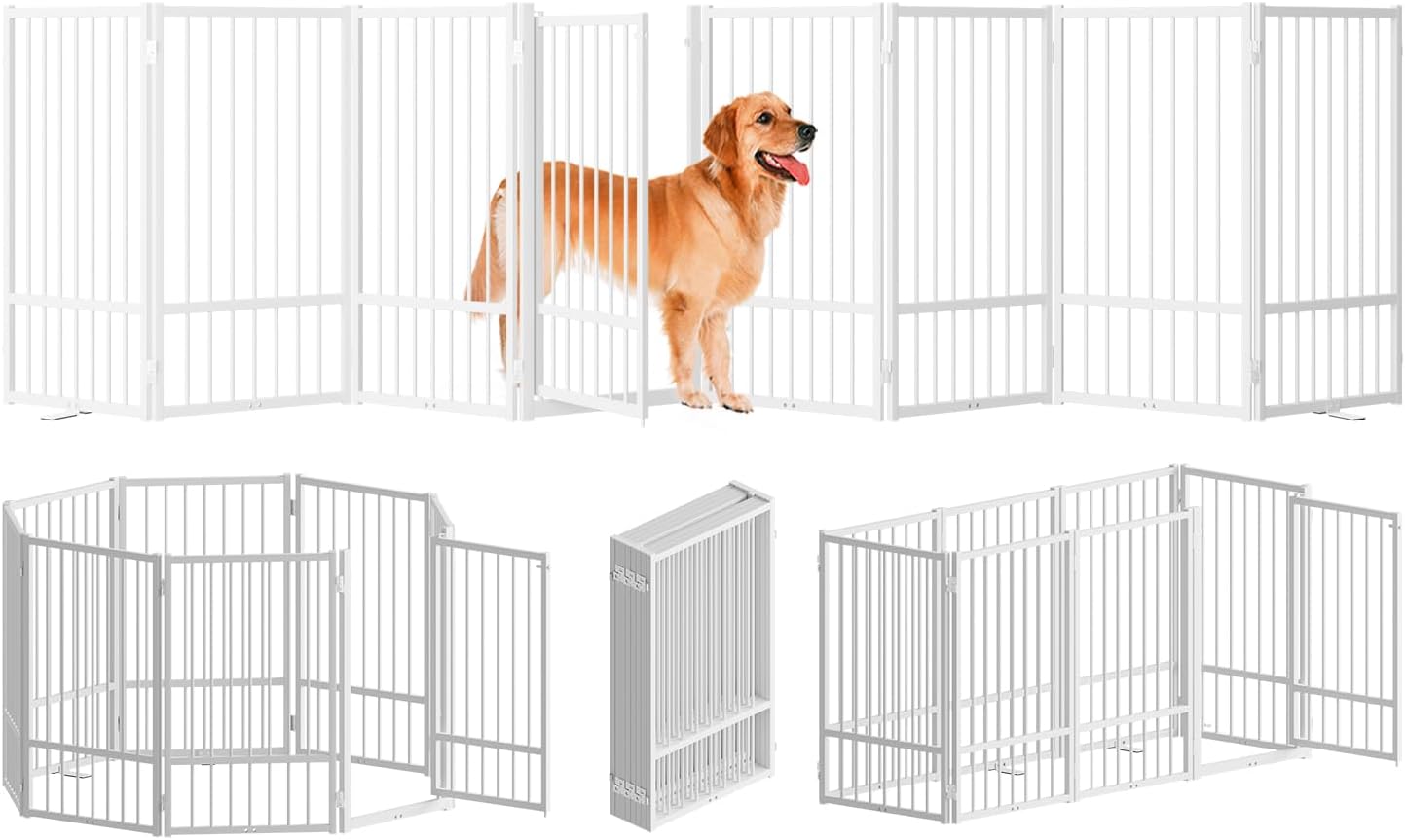 Full Metal Freestanding Dog Gate with Door, 32''Height Foldable Pet Dog Fence for Indoor & Outdoor, 8 Panels Extra Wide Free Standing TallDog Gates for Doorways,House,Stairs,Porch,Deck,Yard