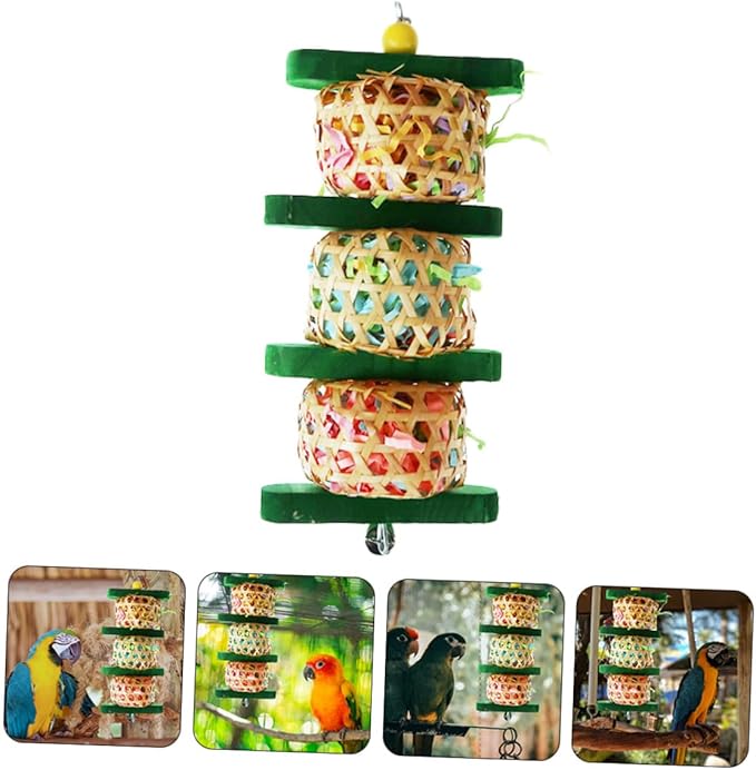 Parrot Chewing and Hanging Bell for Bird Cages, Woven Rattan and Wood Shredding Plaything, Safe Bite Accessory for Pet Parrots in Cage