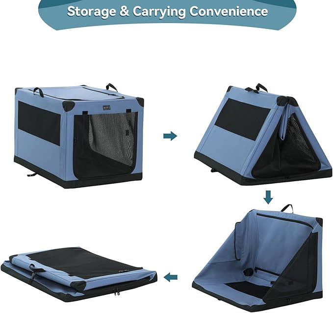 PETSFIT 40" Soft Portable Dog Crate – Patented Spiral Sturdy Frame, Collapsible Travel Kennel for Large Dogs, 3 Mesh Door, Lockable Zippers, Indoor & Car Use Blue