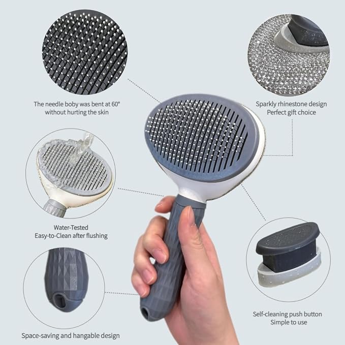 Diamond Rhinestone Cat Hair Brush Deshedding Brush Dog Hair Remover Tool Stainless Steel Comb Slicker Brush with Release Button for Dog Cat Rabbit Shedding Pets Grooming (Gray)