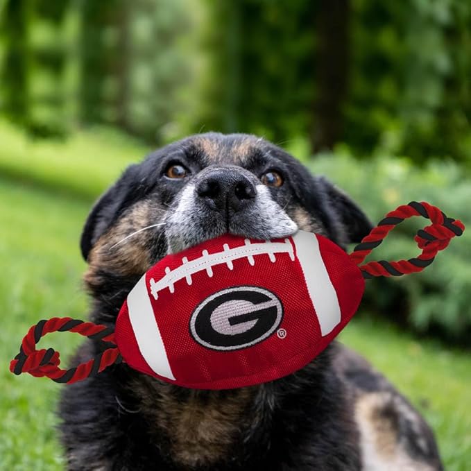 NCAA Georgia Bulldogs Football Dog Toy, Tough Quality Nylon Materials, Strong Pull Ropes, Inner Squeaker, Collegiate Team Color