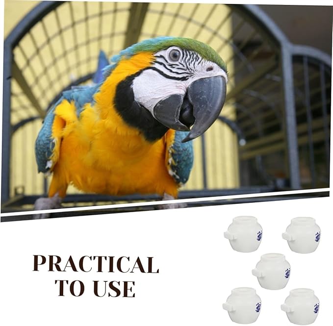 KALLORY 5pcs Large Round Parrot Food Bowls Set Blue and White Porcelain Style Bird Feeding Cups Water Holders Compatible Bird Cages for Parrots and Small