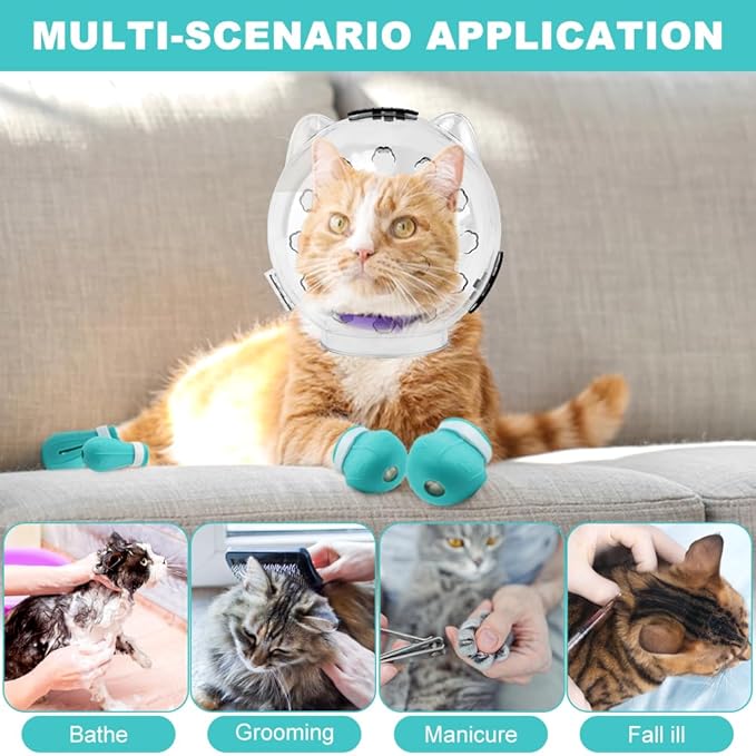 Cat Muzzle for Grooming, Adjustable Breathable Transparent Cat Astronaut Helmet with 4 Silicone Paw Shoes for Bath Nail Trimming (L)