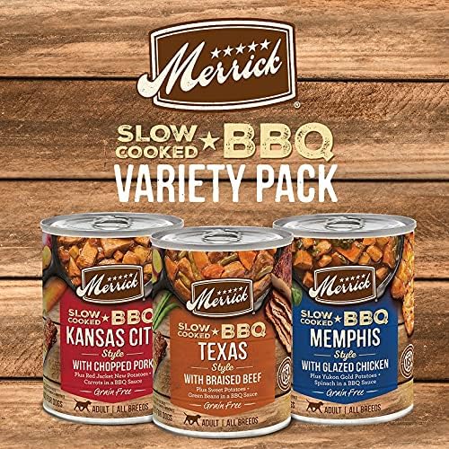 Merrick Slow-Cooked BBQ Premium Real Meat Canned Wet Dog Food Variety Pack, Beef, Chicken And Pork Recipes - (Pack of 12) 9.5 lb. Cans