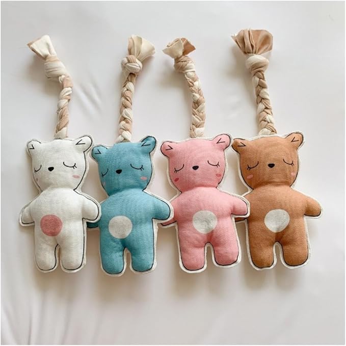 MOM N POP Organic Rope Dog Toy with Squeaker – Durable Canvas Plush Chew Toy for Small Dogs & Cats – Interactive Tug & Fetch Toy – 17cm Body + 15cm Rope – 4 Colors Available (Brown)