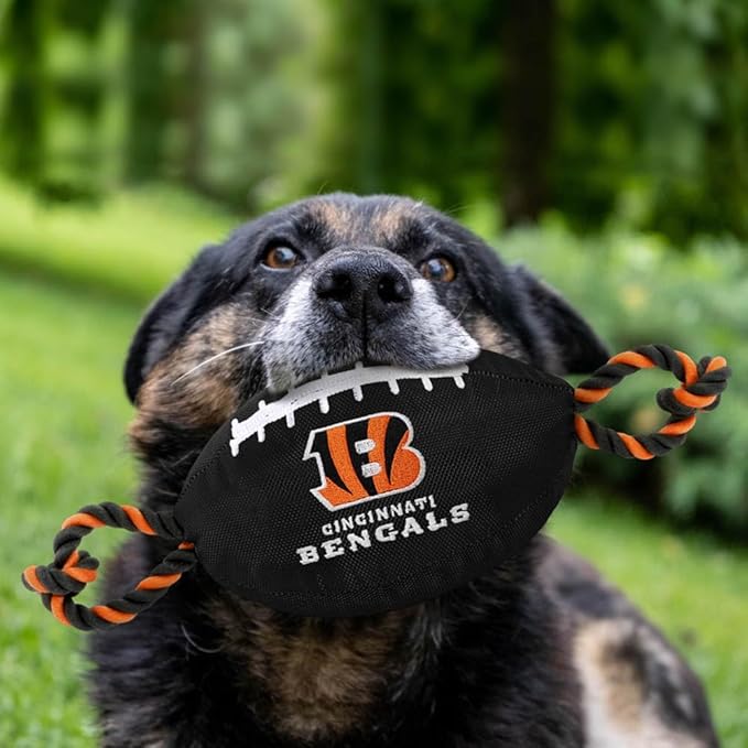 Pets First NFL Cincinnati Bengals Football Dog Toy, Tough Quality Nylon Materials, Strong Pull Ropes, Inner Squeaker, NFL Team Color