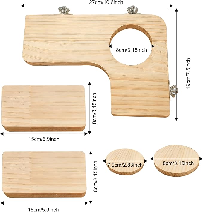 5 Pcs Wooden Hamster Cage Platform Hamster Rectangle L-Shaped Round Accessories Bird Cage with Wood Perches Stand Board for Mouse Squirrel Gerbil Guinea Pig Birds Parrots Activity Playground
