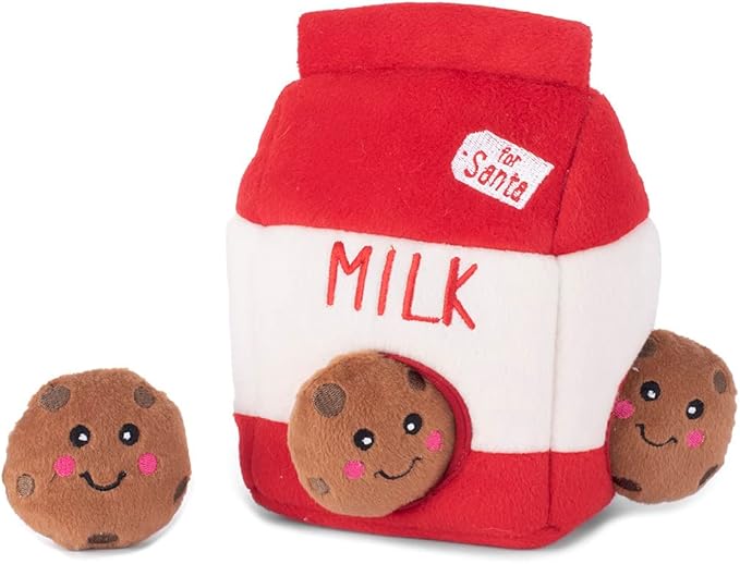 ZippyPaws Burrow- Interactive Dog & Puppy Toys for Boredom, Stimulating Pet Products to Keep Them Busy, Hide & Seek Plush Puzzle, Enrichment Squeaky Toy for Small & Medium Dogs- Santa's Milk & Cookies
