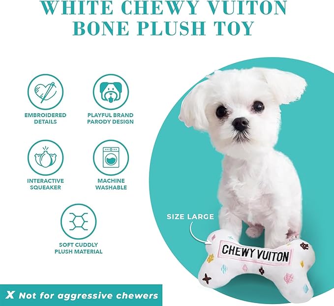 Haute Diggity Dog Chewy Vuiton Bone Plush Squeaky Dog Toy, Soft Durable Designer-Inspired Stuffed Puppy Chew Toys for Small & Medium Dogs, Machine-Washable (White) Large