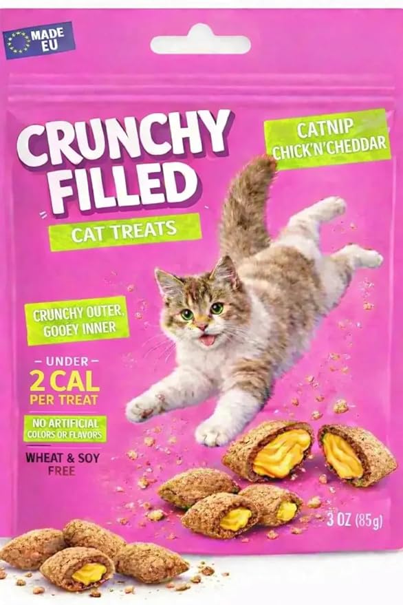 Calming Cat Treats for Indoor Cats – Crunchy Pillow Bites Gooey Center – Catnip Chicken Cheddar Low Calorie Kitty Treats – Cat Snacks Food Topper Wheat Soy Free Healthy Dental – 3oz Resealable