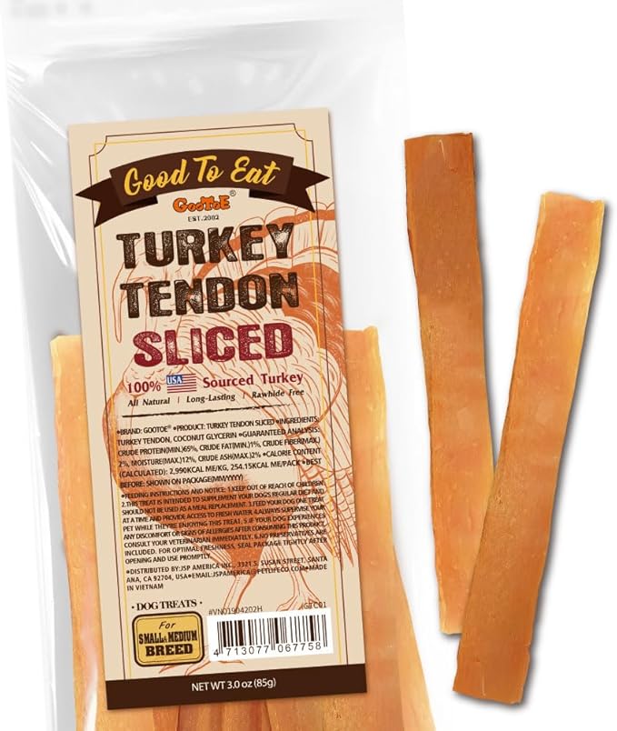 Gootoe Turkey Tendons for Dogs –All-Natural, Hypoallergenic Dog Treats, Rawhide Alternative, Long Lasting Puppy Chews, Healthy Dog Treats for Medium Breeds, Sliced (M), 3 oz Pack