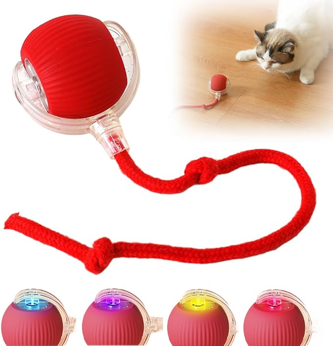 Smart Self Rolling Ball, Interactive Cat & Dog Toy - Automatic Rotating, Chew Ball with String (Red)