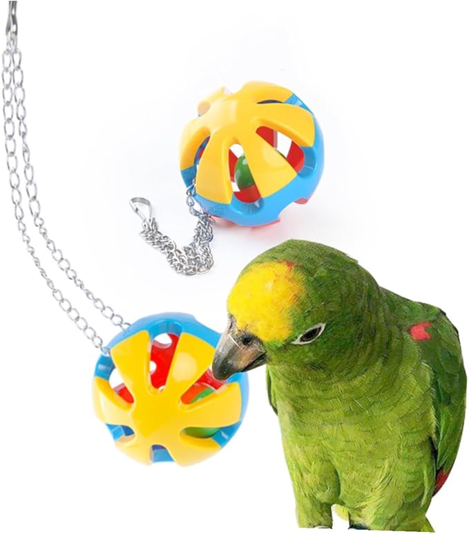 DOITOOL 2pcs Tricolor Hanging Parrot Balls 8cm Diameter Plastic Chewing Plaything for Pet Birds Cage Accessories