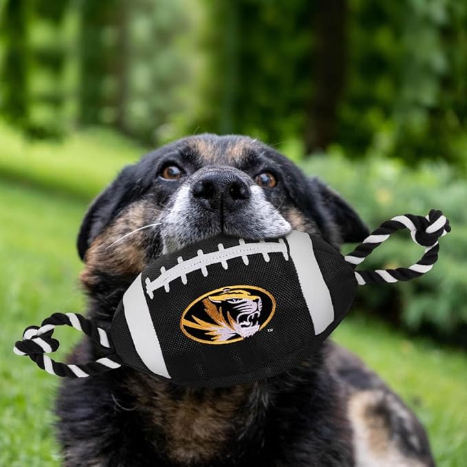 NCAA Missouri Tigers Nylon Football Dog Toy Tough Quality Nylon Materials, Strong Pull Ropes, Inner Squeaker, Collegiate Team Color