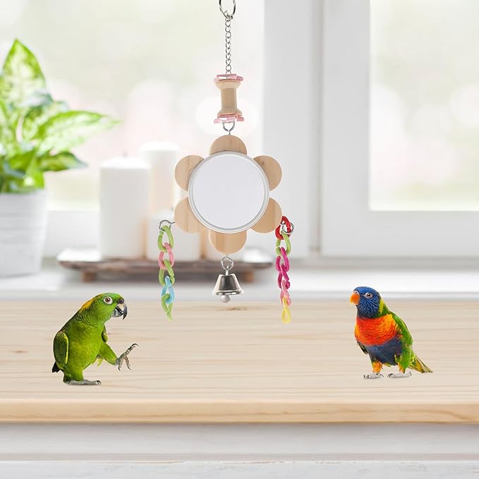 ERINGOGO Parrot Bird Mirror Hanging Chewing Swing Pet Bird Cage Accessory Sturdy Large Mirror for Cockatiels