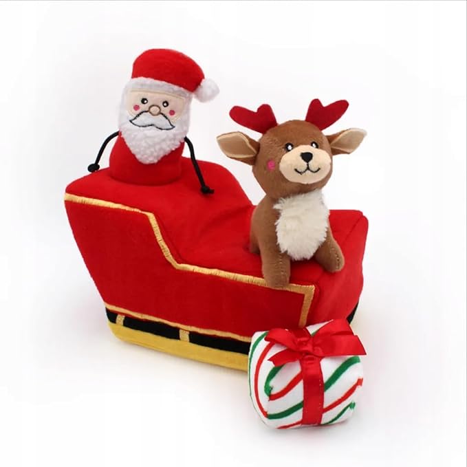 ZippyPaws Burrow Christmas Dog Toy - Plush Squeaky Holiday Dog Gifts for Small & Medium Puppy Dogs, Interactive Hide & Seek Stocking Stuffers for Pets - Santa's Sleigh with Reindeer