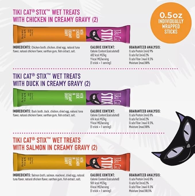 Tiki Cat Stix Mousse Treats, Single Serve Indulgent Lickable Treat, Variety Pack with Salmon, Chicken and Duck, 3 oz. Pouch, 6 Stix in 1 Pouch (Pack of 2), Plus 1 Cat Pom Pom Balls Toy