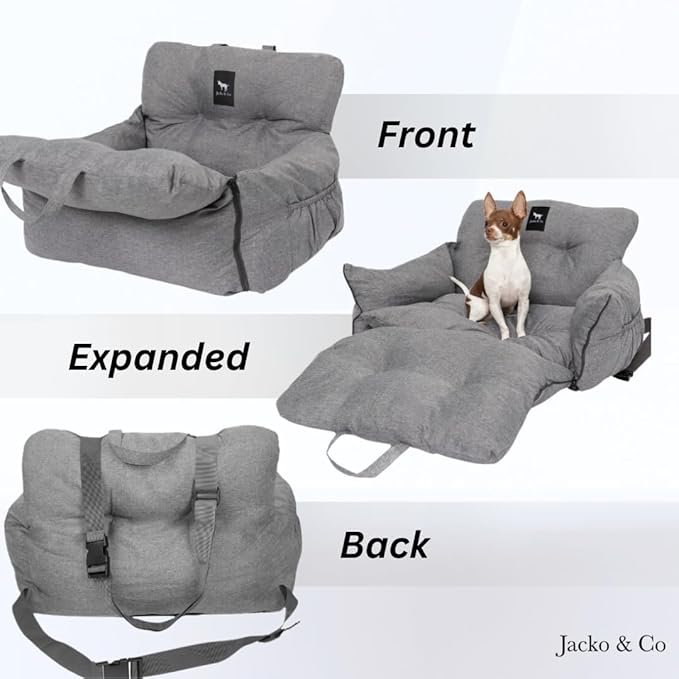 JACKO & CO Premium Dog Car Seat – Safe & Cozy Travel Bed Carrier for Small Dogs, Puppies, Pets, Clip-On Leash, Storage Pockets, Water-Resistant, Machine Wash (Grey, Standard Small (1-25lbs))
