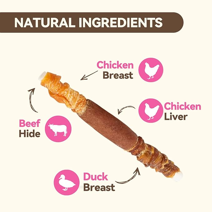 Dog Chew Treats, Long-Lasting Rawhide Sticks with Chicken, Duck & Chicken Liver, High-Protein Beefhide Chews for Small, Medium & Large Dogs, 5 Inch, 30 Count, 21.16 oz