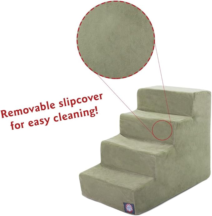 Majestic Pet 4 Step Portable Dog Stairs for Small Dogs to get on Bed Supports 25 lbs or Less – Dog Steps for High Bed with Machine Washable Cover – Pet Stairs for Cats Suede Sage