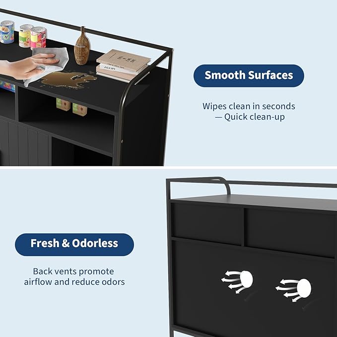 Garvee Cat Litter Box Enclosure Furniture Wooden Hidden Indoor Cat Washroom House Cabinet with 2 Open Compartments Scratching Mat Double Door Storage Cabinet Front Entry Air Vents Metal Frame