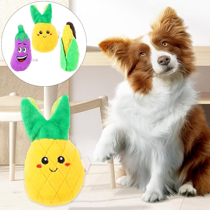 Angoily Pet Sound Toy Set 3-Pack Interactive Squeaky Dog Cat Toys Fruit Vegetable Design Educational Play for Small Dogs 9.44X3.54X3.54 Inch