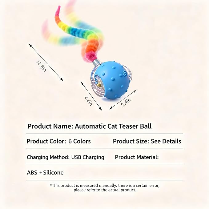 2-Pack Interactive Cat Toys for Indoor Cats with 6 Tails - Automatic Moving & Chirping Balls, Self Play Toy for Playful Kittens & Bored Cats Home Alone (Red+Blue)