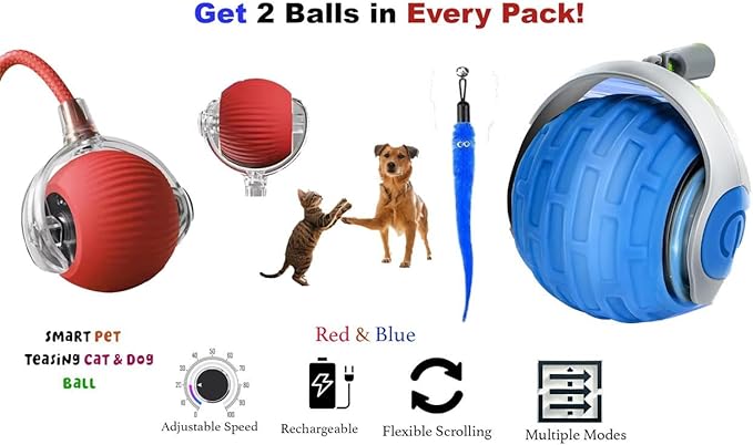 Interactive Cat Ball Toy – Smart Rolling Pet Ball with Obstacle Avoidance, USB Rechargeable, Cord Tail Design – Fun Enrichment Toy for Indoor Cats & Small Dogs (Blue + Red)
