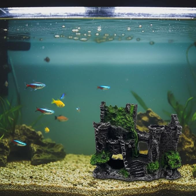 Mipukbay Green Aquarium Decor Castle, Resin Fish Tank Decoration Ornament for Freshwater/Saltwater, Safe Landscape Rock Cave Hideout for Betta Fish, Goldfish and Aquatic Pets