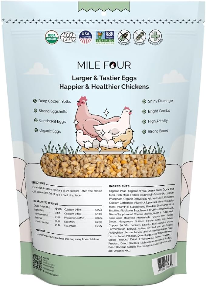 Mile Four Organic Chicken Feed – Grower Whole Grain, Non-GMO, USA Grown, 18% Protein, Corn-Free, Soy-Free, Non-Medicated Feed for Chickens, 2 lb Sample