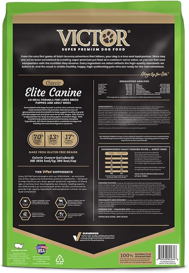 VICTOR Super Premium Dog Food – Elite Canine Dry Dog Food with Chicken & Fish Meal – 25% Protein, 14% Fat, Gluten Free – for Large Breed Dogs & Puppies, 15lbs